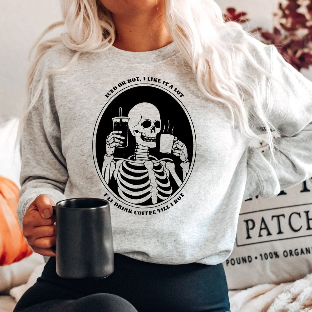 NEW Skeleton Drinking Coffee Halloween Sweatshirt